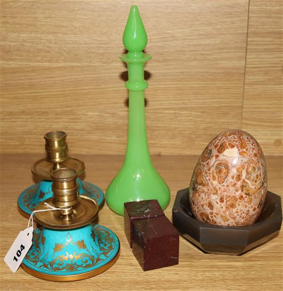 A pair of brass mounted porcelain candlesticks, a green glass scent bottle and four other items